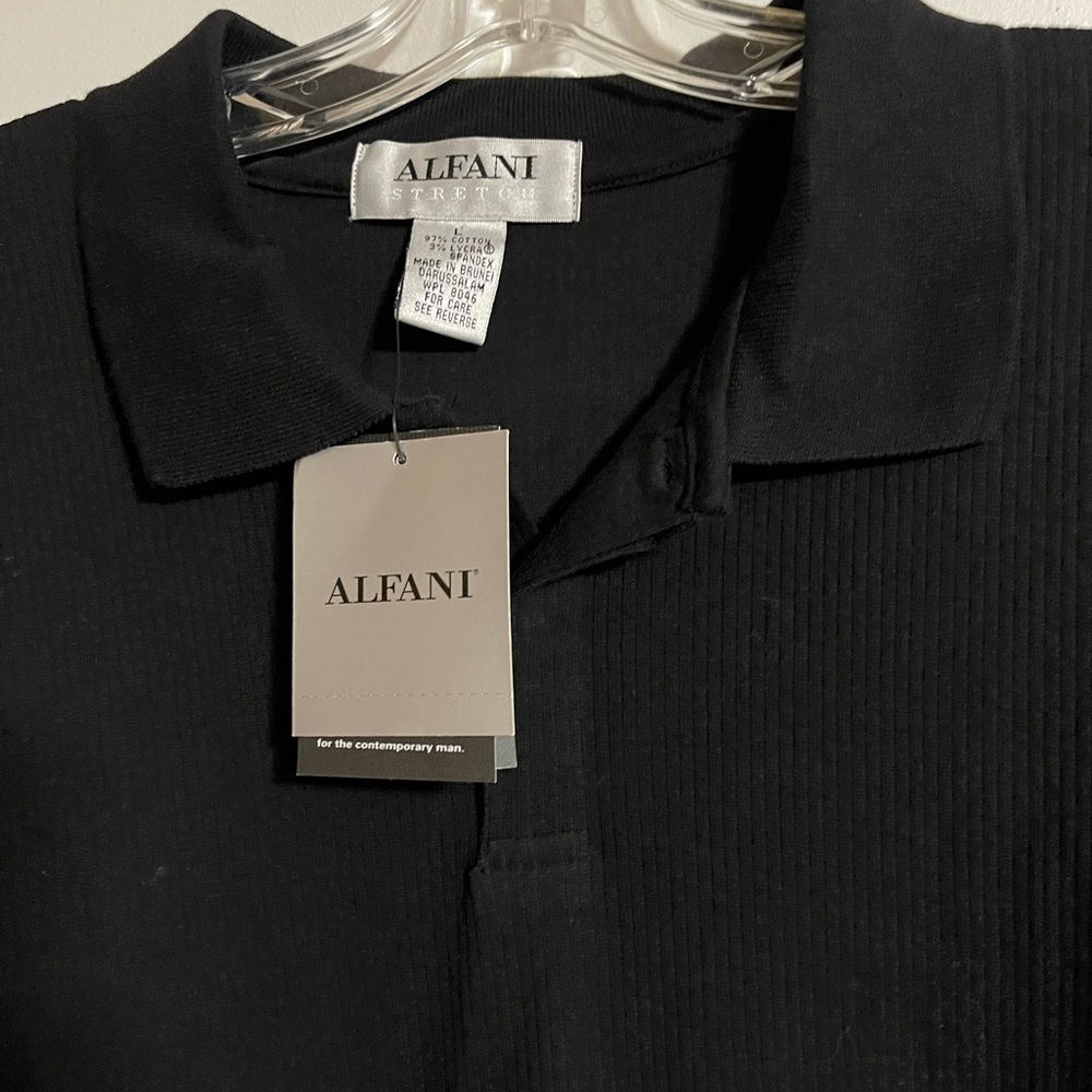 Alfani Stretch Rib Knit Black Polo Shirt size L NWT